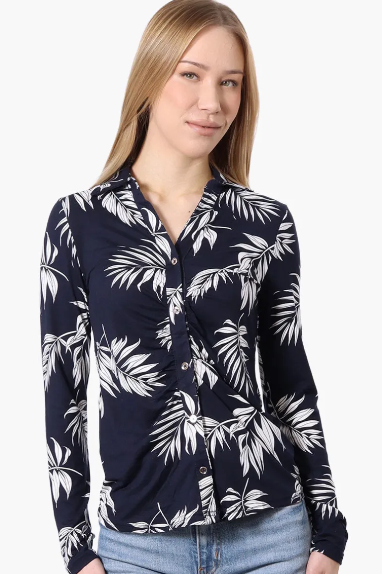 International INC Company Floral Ruched Button Down Shirt - Navy