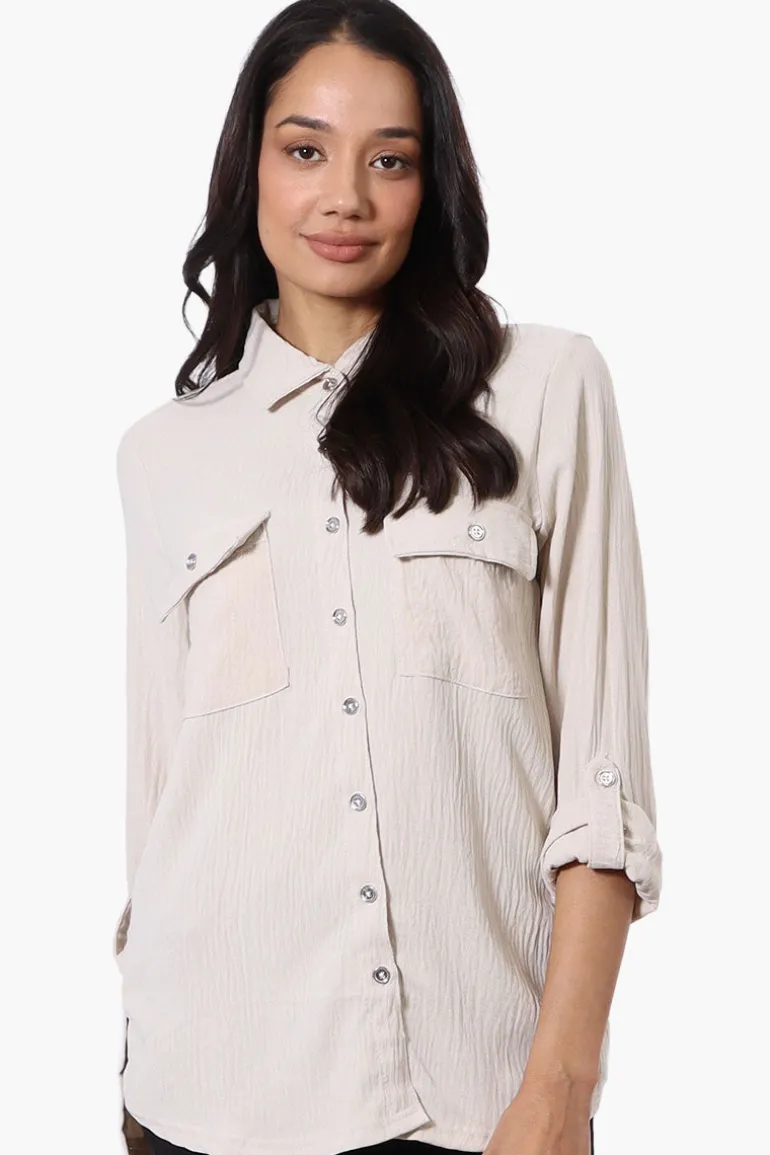 International INC Company Button Down Roll Up Sleeve Shirt - Beige