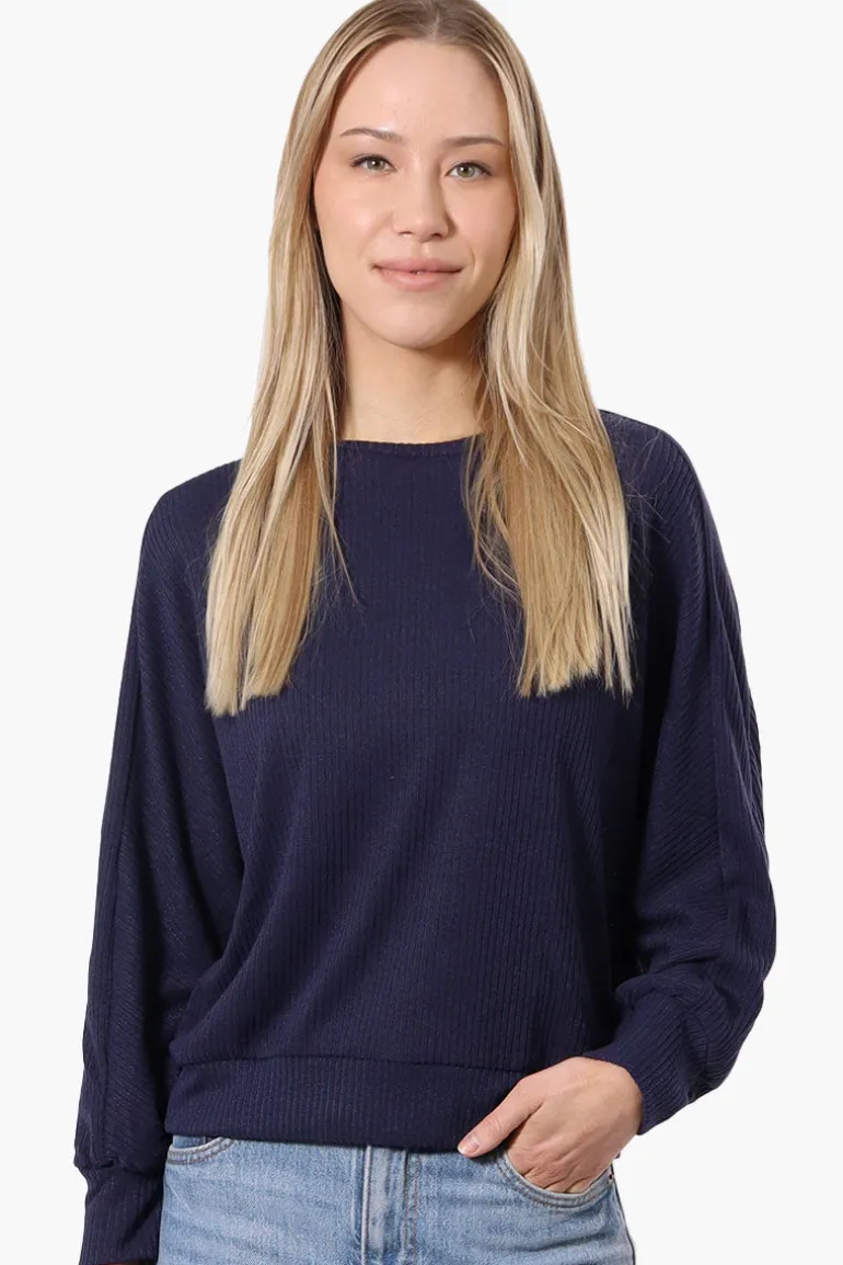 International INC Company Ribbed Button Back Detail Pullover Sweater - Navy
