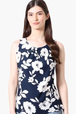 International INC Company Floral Cinched Collar Tank Top - Navy