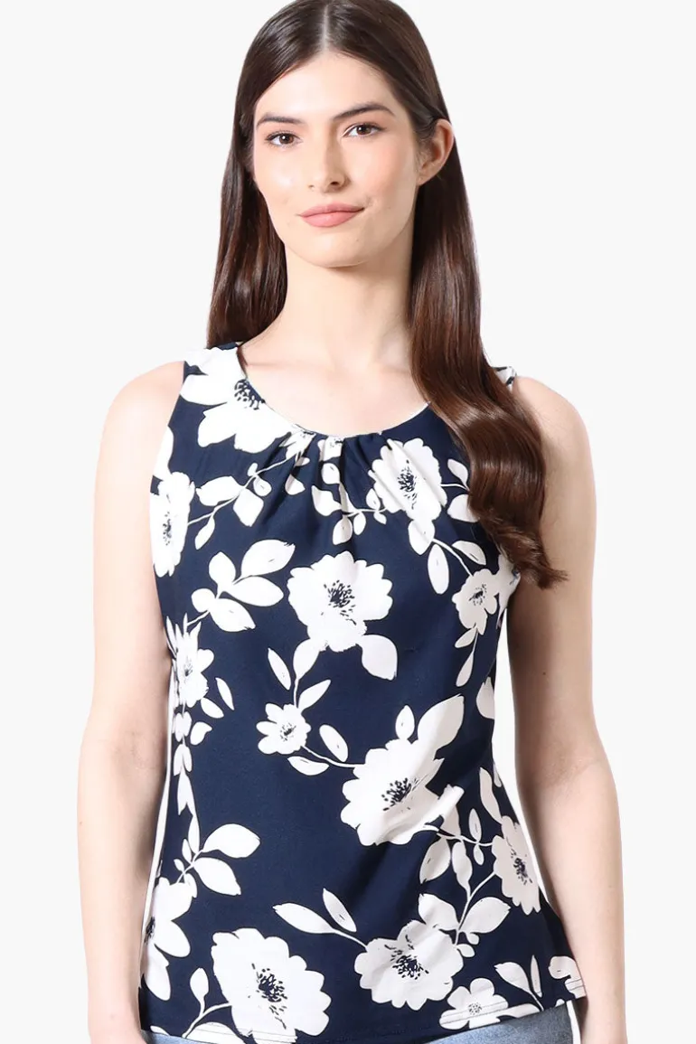 International INC Company Floral Cinched Collar Tank Top - Navy