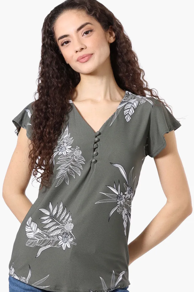 International INC Company Floral Ruffle Sleeve Tee - Olive