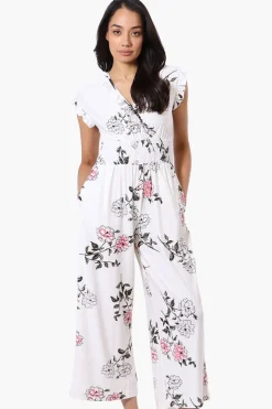 International INC Company Floral Crossover Wide Leg Jumpsuit - White