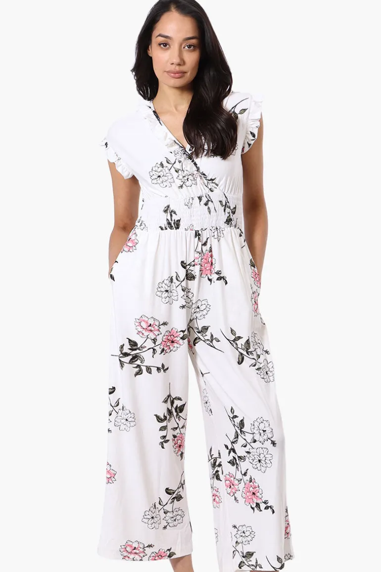 International INC Company Floral Crossover Wide Leg Jumpsuit - White