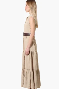 International INC Company Belted Button Down Tiered Maxi Dress - Beige
