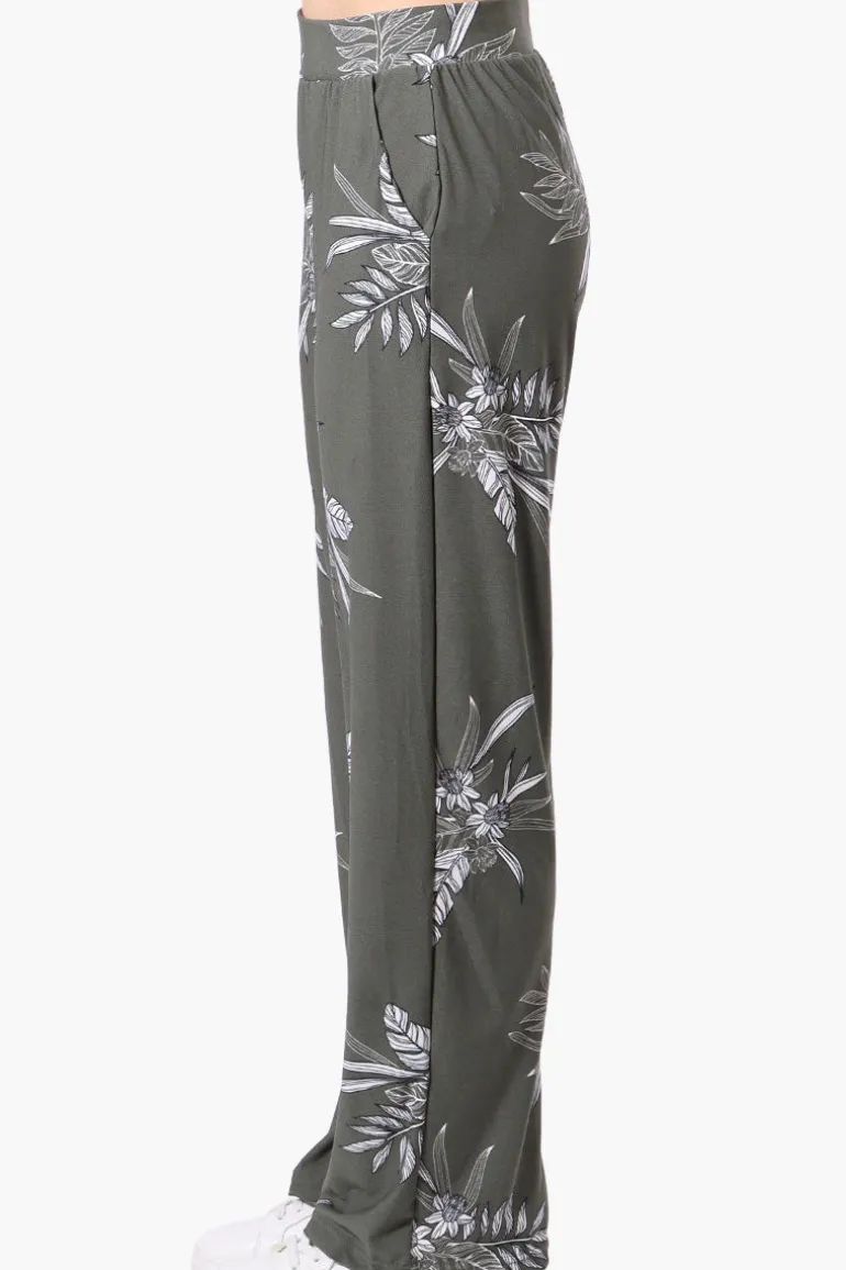 International INC Company Leaf Pattern Wide Leg Pants - Olive