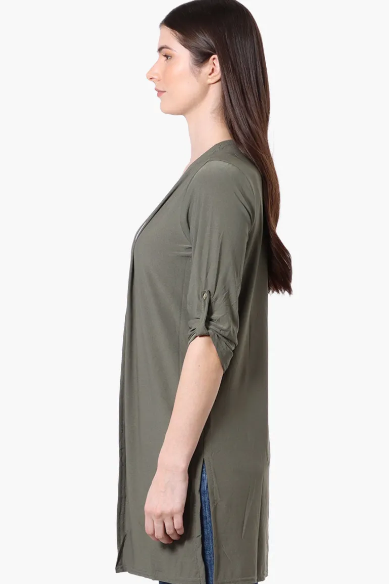 International INC Company Roll Up Sleeve Open Duster Cardigan - Olive