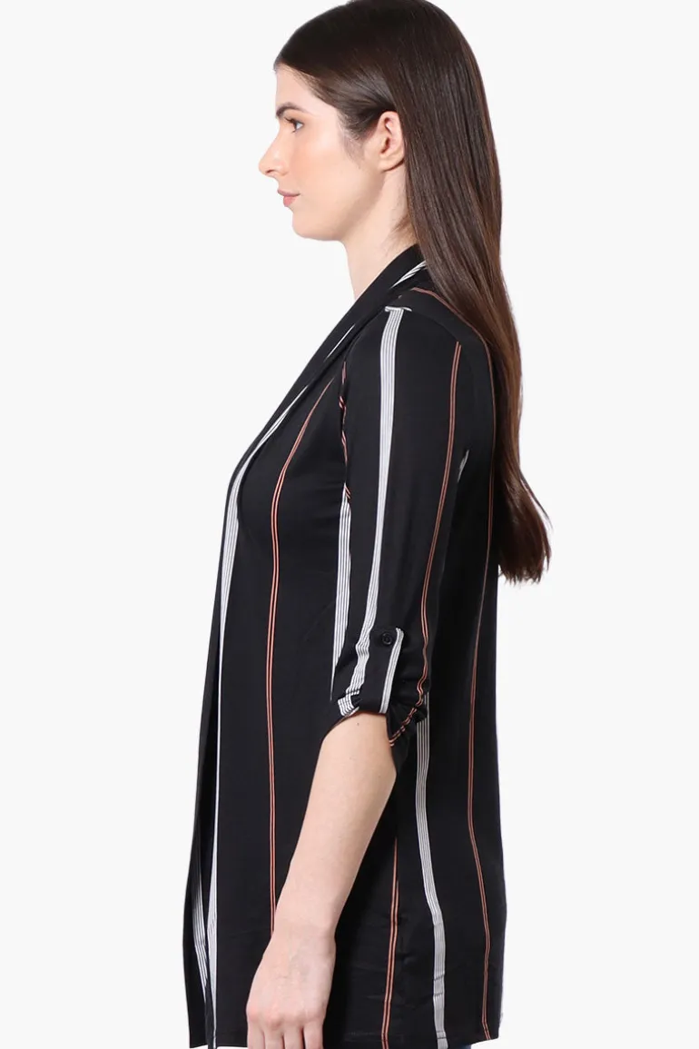International INC Company Striped Roll Up Sleeve Wrap Cardigan - Black