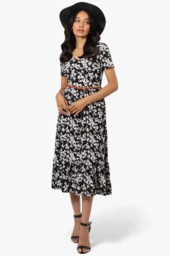International INC Company Floral Belted Short Sleeve Maxi Dress - Black