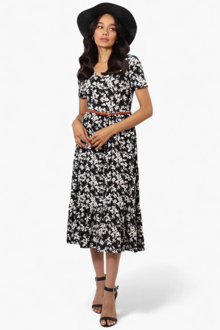 International INC Company Floral Belted Short Sleeve Maxi Dress - Black