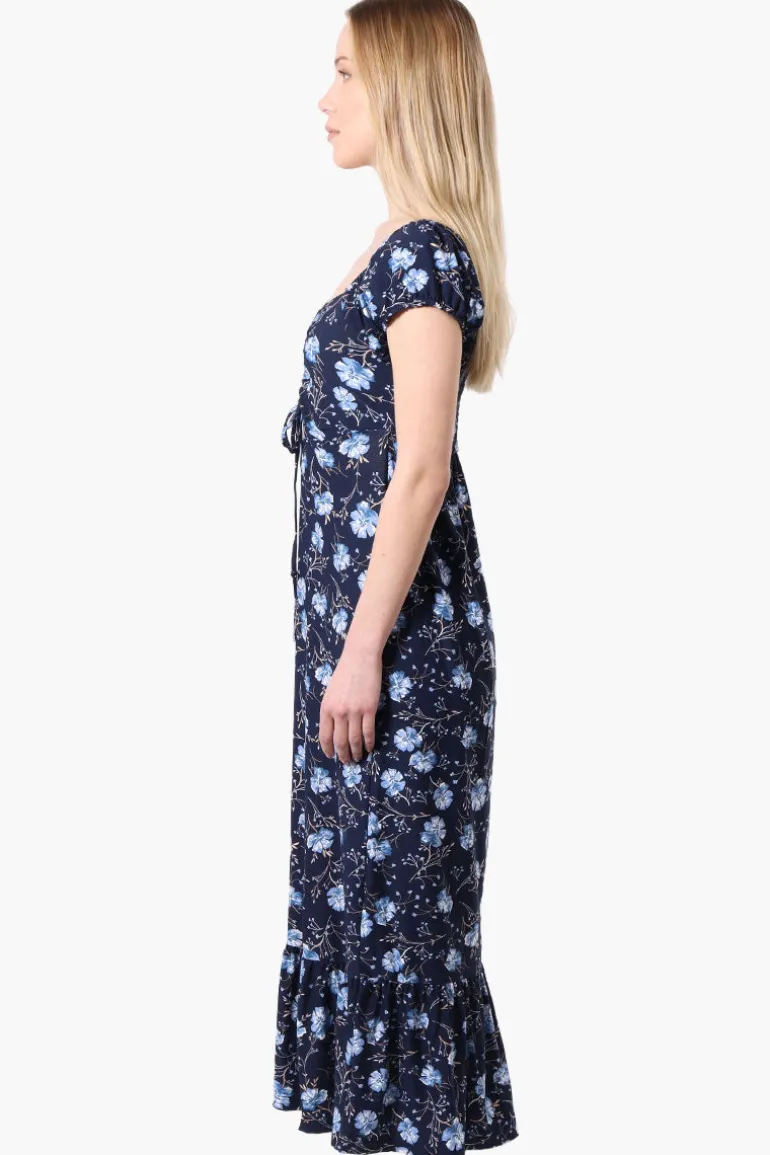 International INC Company Floral Smocked Back Maxi Dress - Navy