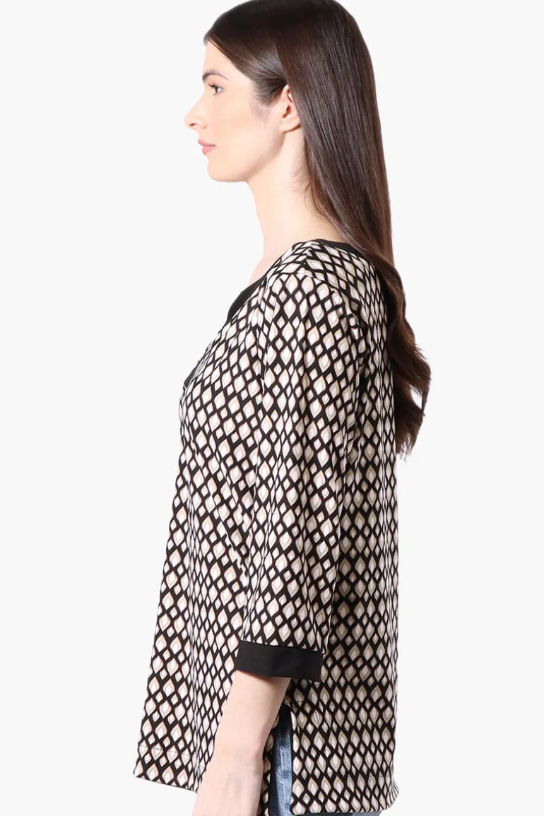 International INC Company Patterned Side Slit 3/4 Sleeve Shirt - Black