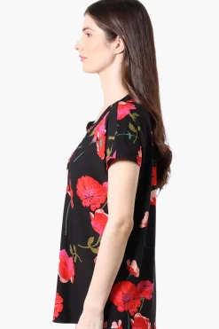 International INC Company Floral Short Sleeve Blouse - Black