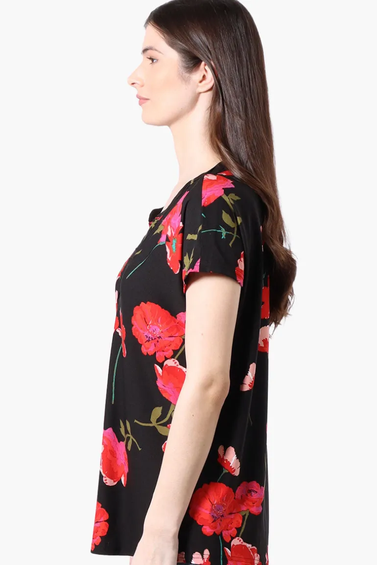 International INC Company Floral Short Sleeve Blouse - Black
