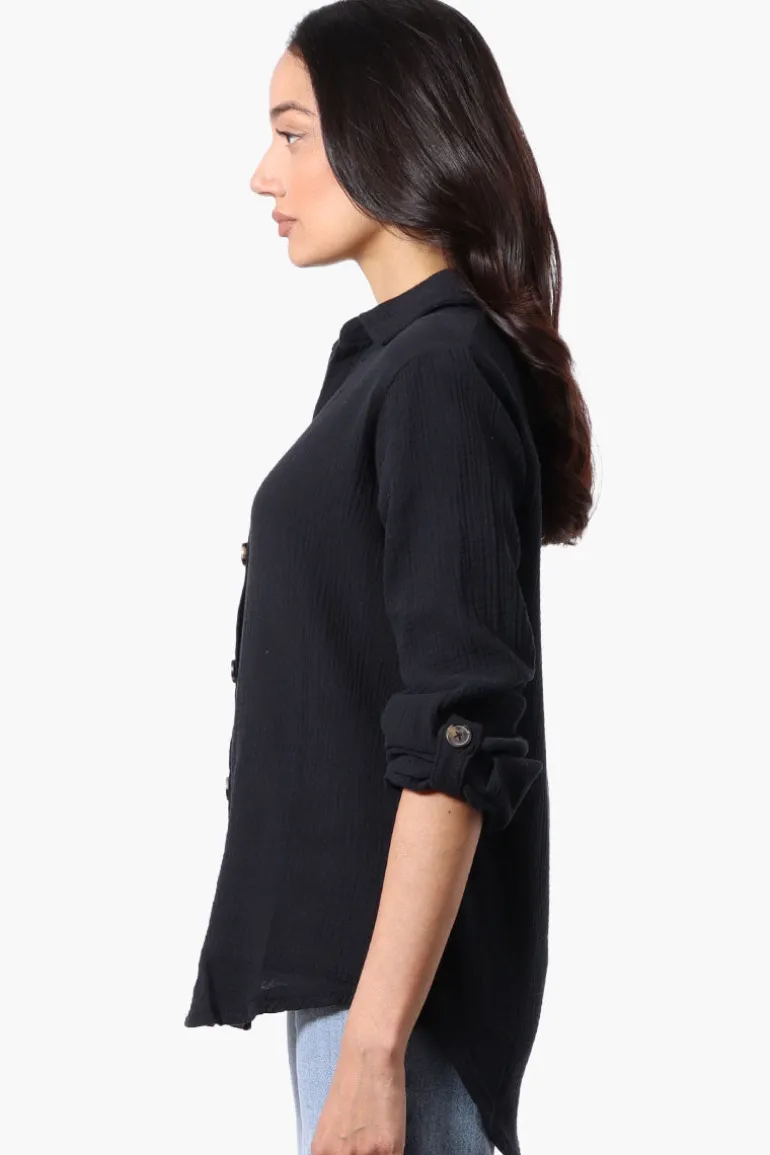 International INC Company Roll Up Sleeve Button Down Shirt - Black