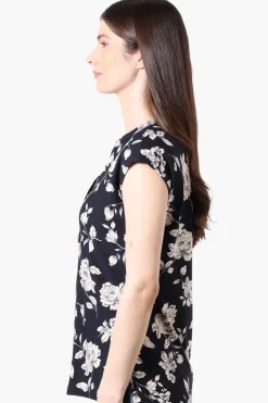 International INC Company Floral Cap Sleeve Henley Shirt - Navy