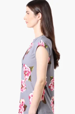 International INC Company Floral Cap Sleeve Henley Shirt - Grey