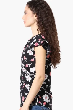 International INC Company Floral Ruffle Sleeve Tee - Black