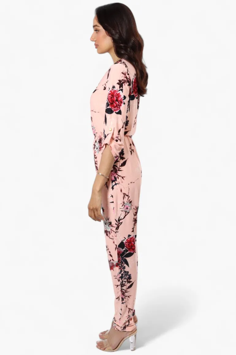 International INC Company Floral Roll Up Sleeve Jumpsuit - Pink