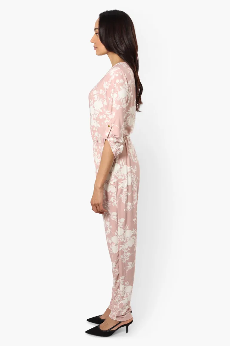 International INC Company Floral Roll Up Sleeve Jumpsuit - Pink