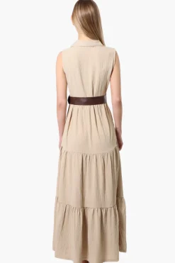 International INC Company Belted Button Down Tiered Maxi Dress - Beige