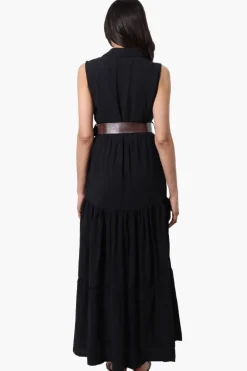 International INC Company Belted Button Down Tiered Maxi Dress - Black
