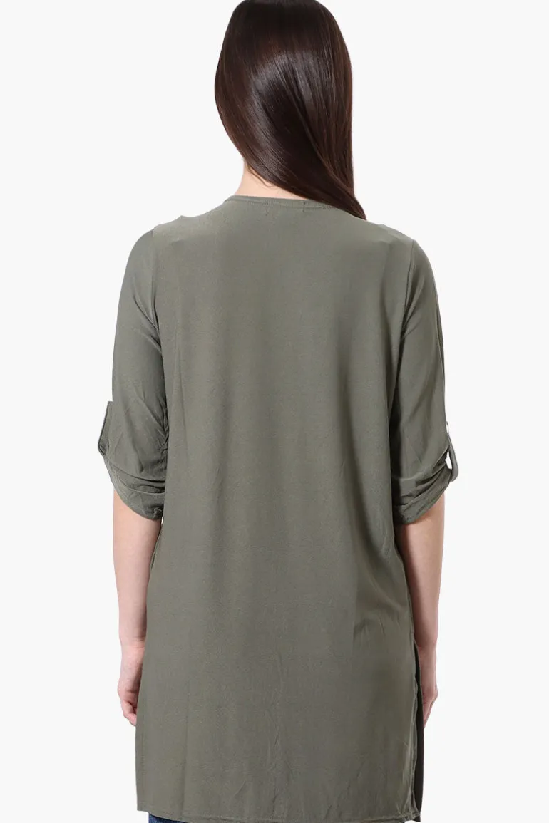 International INC Company Roll Up Sleeve Open Duster Cardigan - Olive