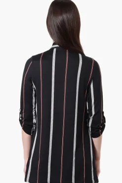 International INC Company Striped Roll Up Sleeve Wrap Cardigan - Black