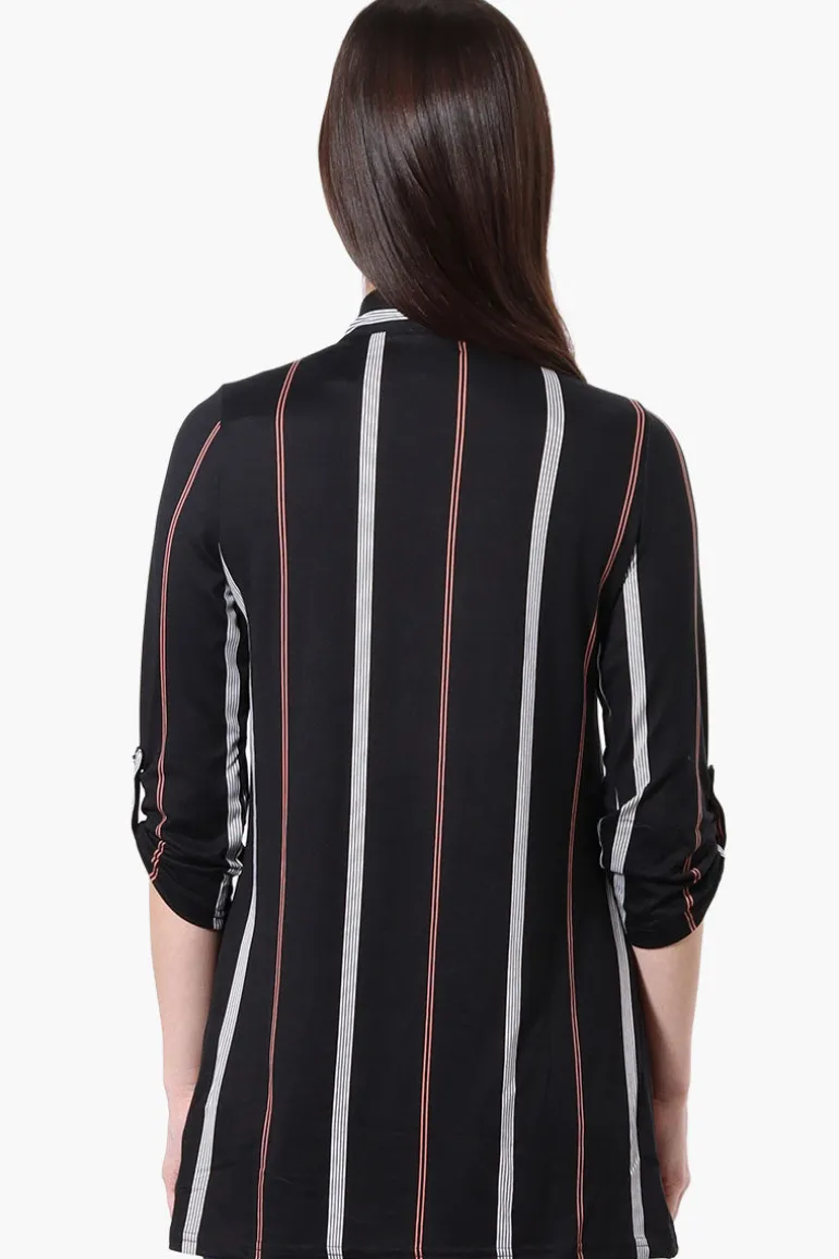 International INC Company Striped Roll Up Sleeve Wrap Cardigan - Black