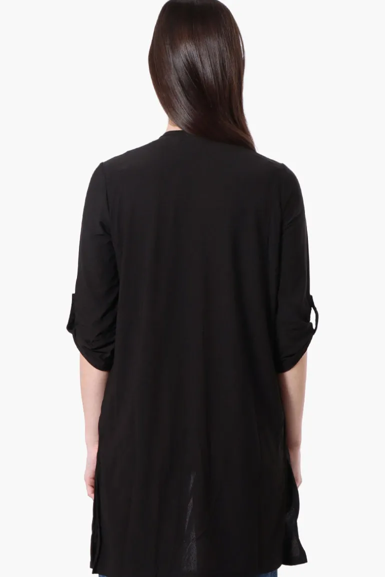 International INC Company Roll Up Sleeve Open Duster Cardigan - Black