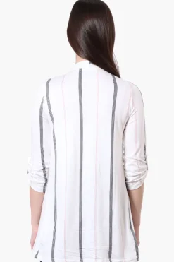 International INC Company Striped Roll Up Sleeve Wrap Cardigan - White