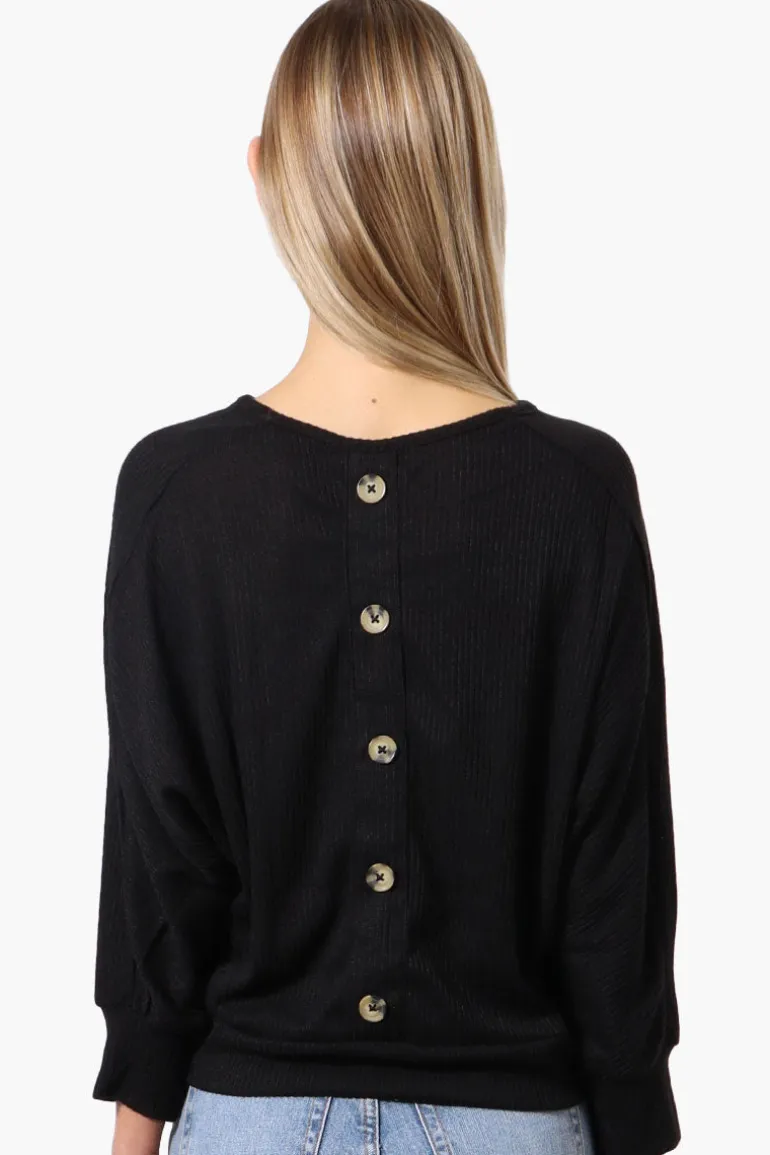 International INC Company Ribbed Button Back Detail Pullover Sweater - Black