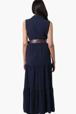 International INC Company Belted Button Down Tiered Maxi Dress - Navy