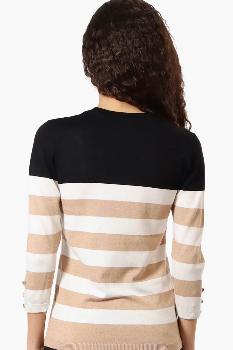 International INC Company Striped 3/4 Sleeve Pullover Sweater - Black