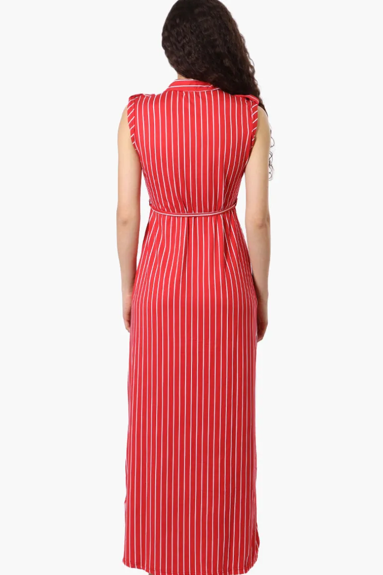 International INC Company Striped Belted Button Down Maxi Dress - Red