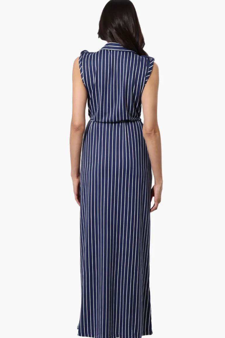 International INC Company Striped Belted Button Down Maxi Dress - Navy