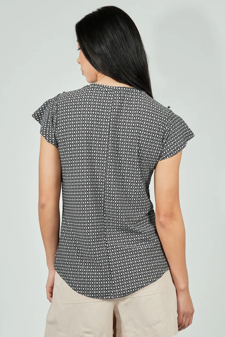 International INC Company Patterned Short Sleeve Cinched Collar Blouse - Black