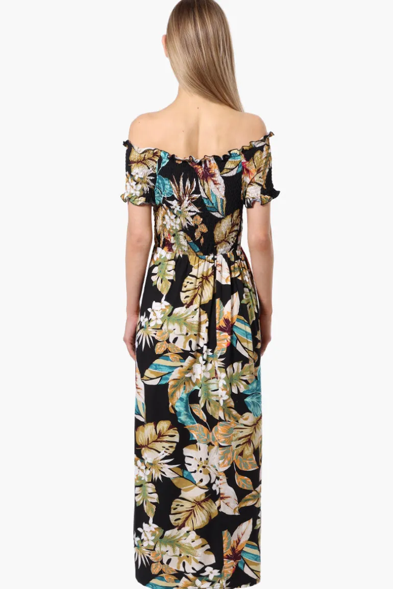 International INC Company Floral Off Shoulder Crossover Maxi Dress - Black