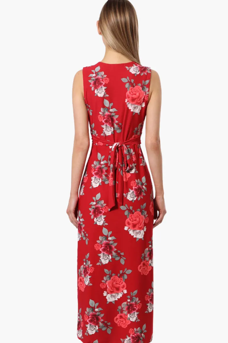International INC Company Floral Padded Crossover Maxi Dress - Red