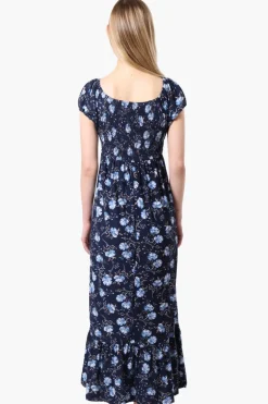 International INC Company Floral Smocked Back Maxi Dress - Navy