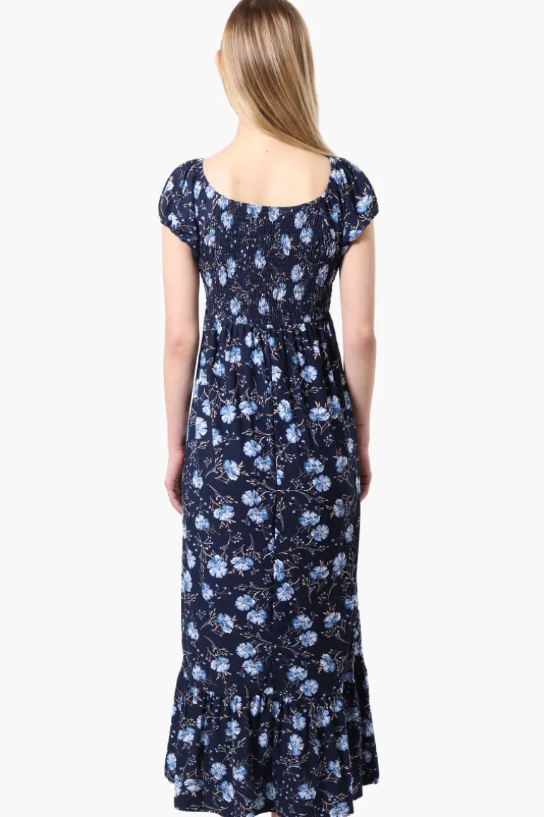 International INC Company Floral Smocked Back Maxi Dress - Navy