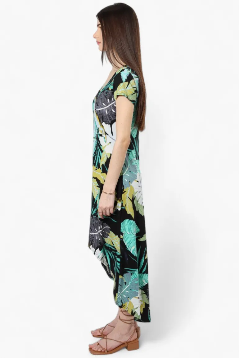 International INC Company Leaf Pattern High Low Maxi Dress - Black