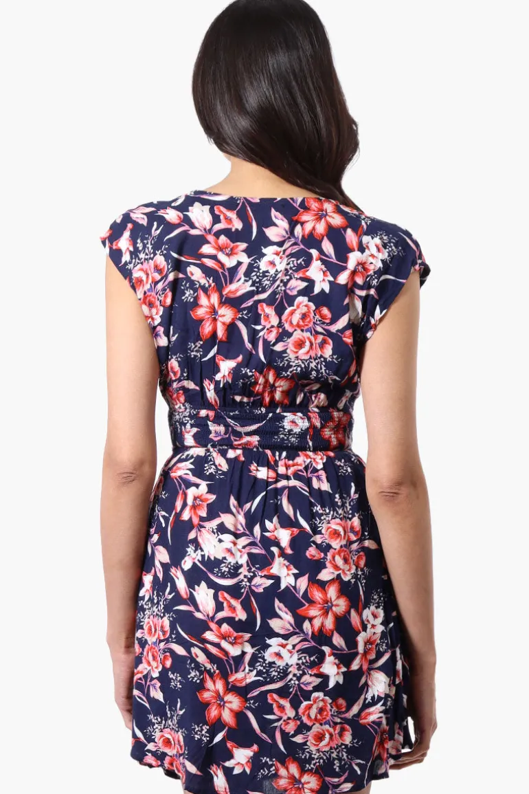 International INC Company Floral Smocked Waist Day Dress - Navy