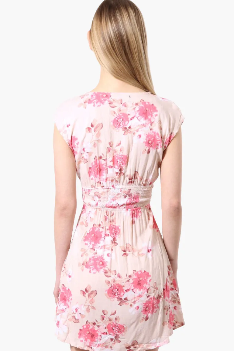 International INC Company Floral Smocked Waist Day Dress - Pink