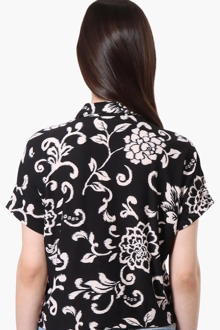 International INC Company Leaf Pattern Button Up Cropped Shirt - Black
