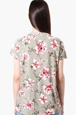 International INC Company Floral Short Sleeve Blouse - Olive