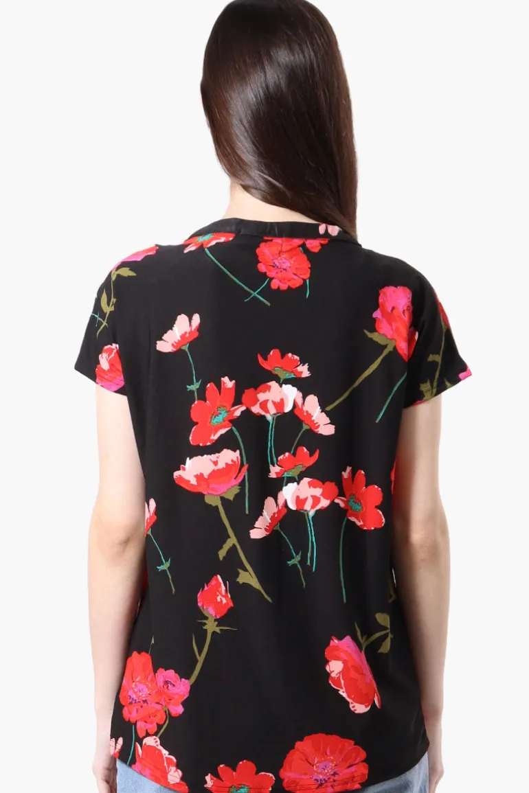 International INC Company Floral Short Sleeve Blouse - Black