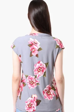 International INC Company Floral Cap Sleeve Henley Shirt - Grey
