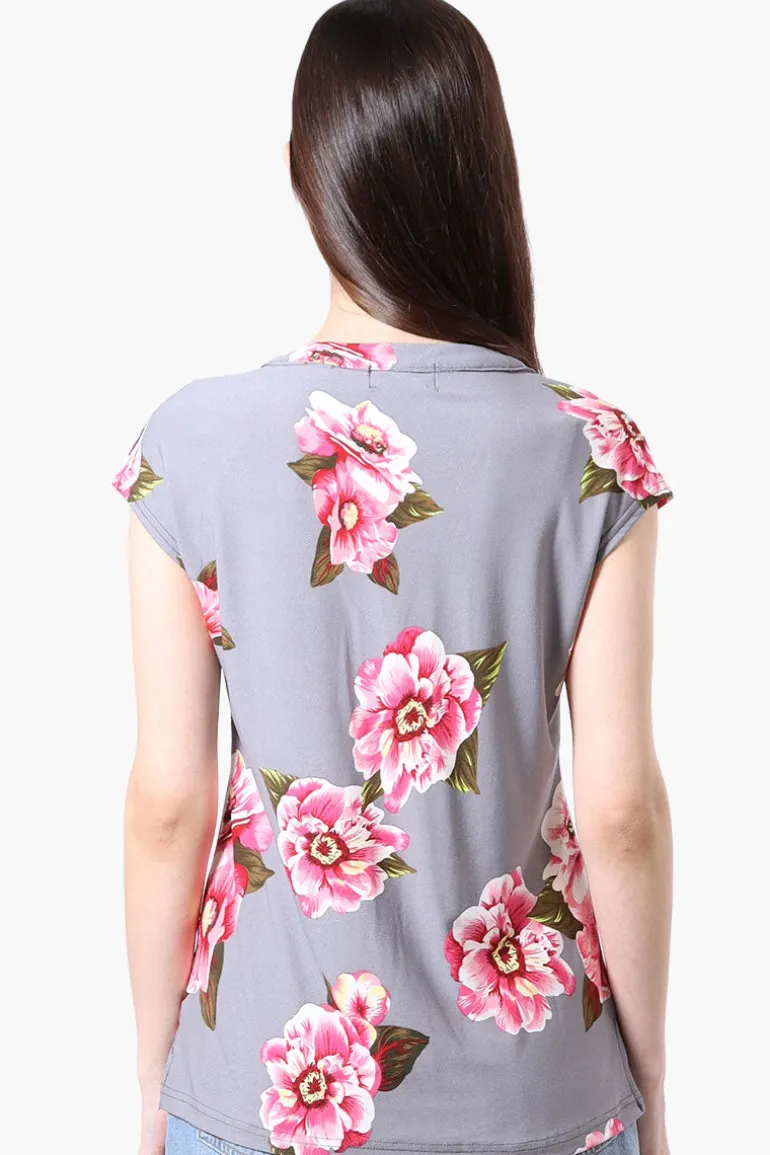 International INC Company Floral Cap Sleeve Henley Shirt - Grey