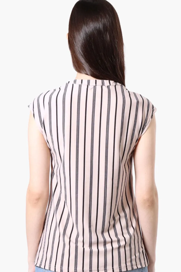International INC Company Striped Cap Sleeve Henley Shirt - Cream